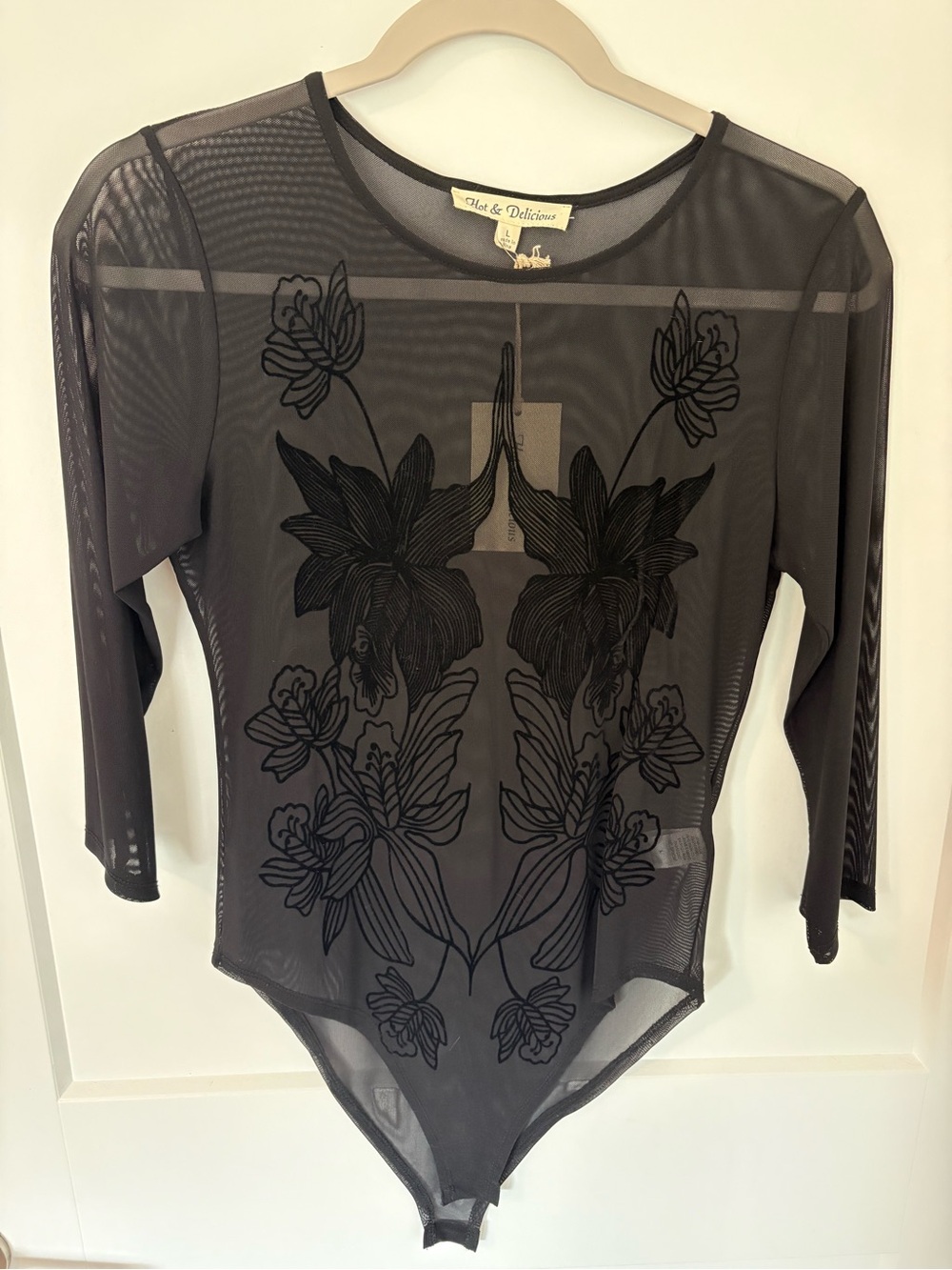 NWT- Hot & Delicious Black Sheer Floral Mesh Bodysuit